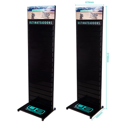 Metal Slatwall Display Stand with Bowed Header in Black
